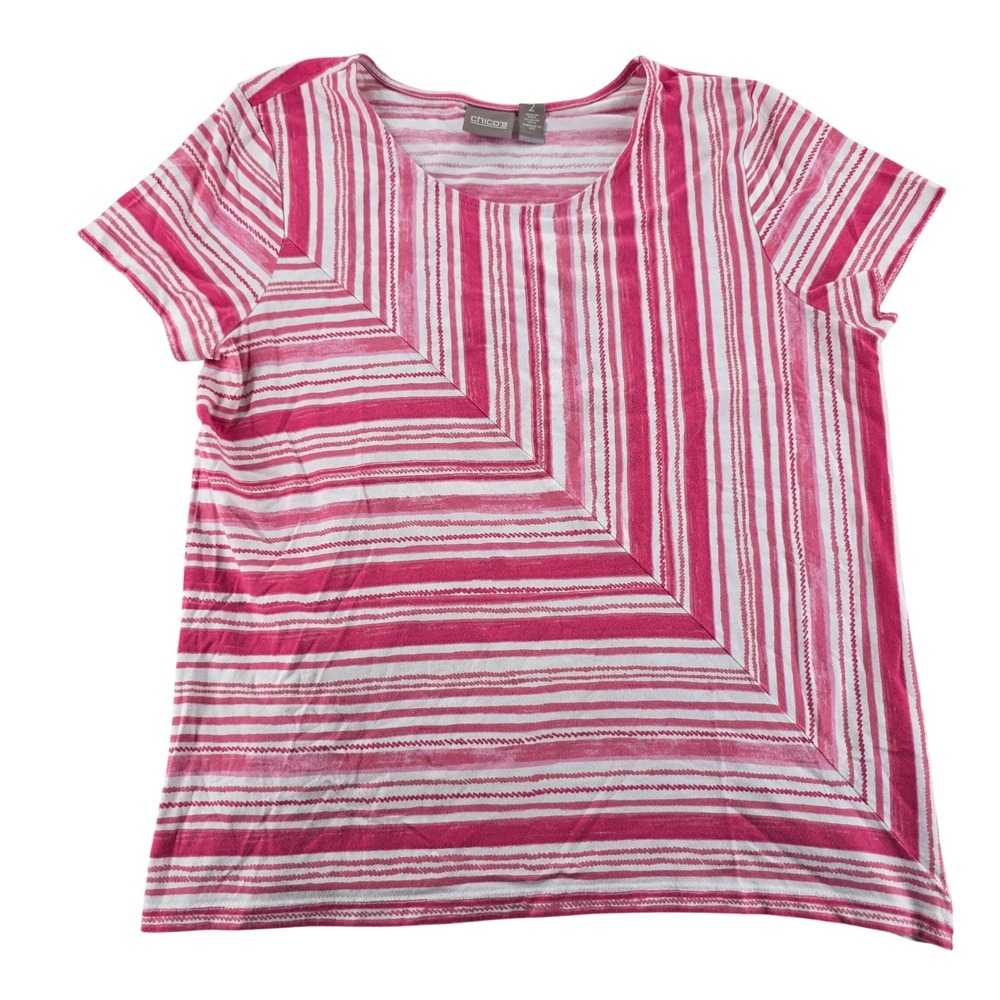 Chicos Womens Top Size 2 Pink White Striped Cotton Modal Short Sleeve